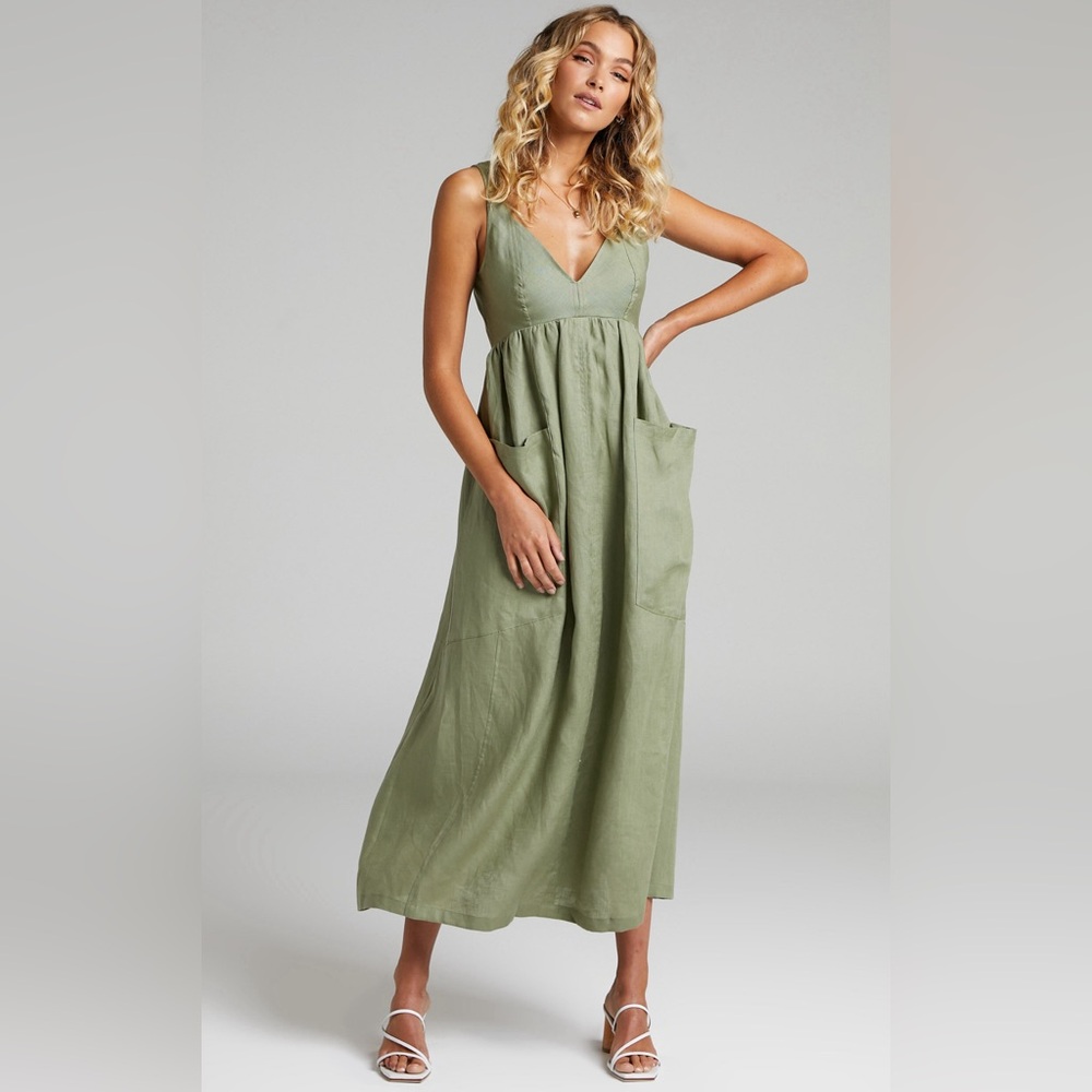 Olive Green V-Neck Maxi Dress with Pockets